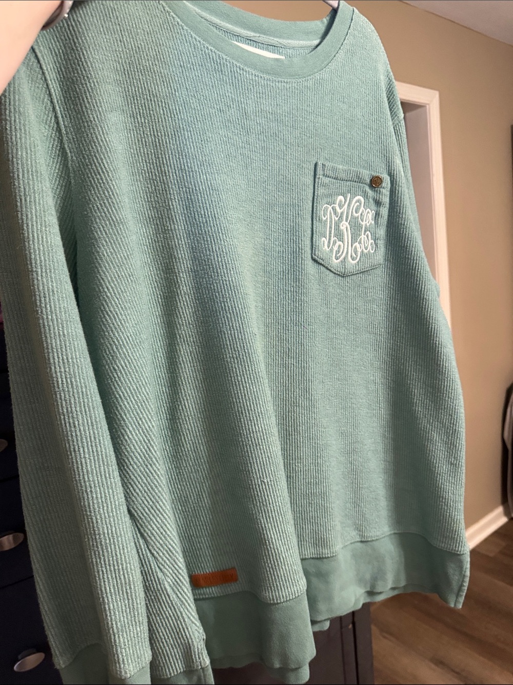 Women’s Marleylilly Pocket Crewneck Sweater - Sage Green, HAS MONOGRAM- “DKC” - Picture 4 of 6